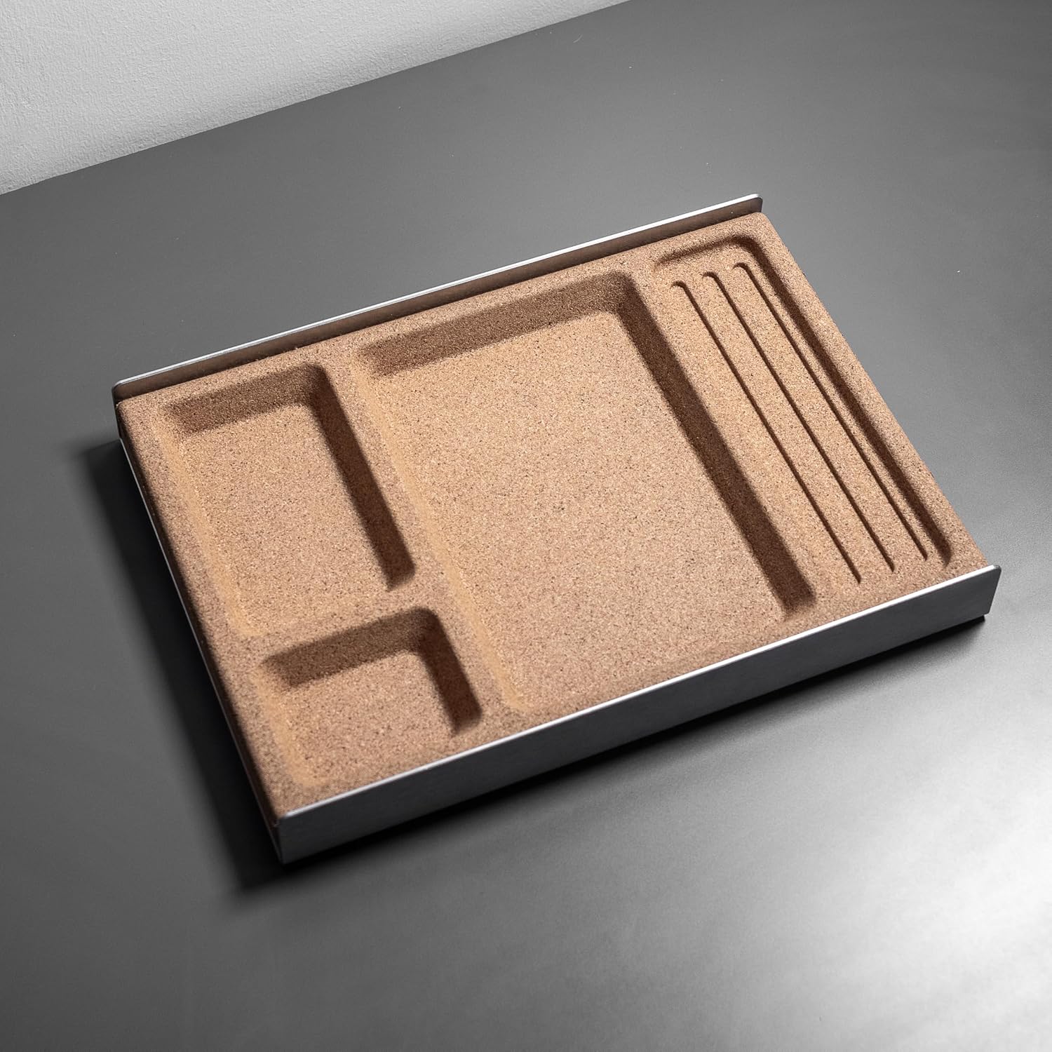 Desk Tray Organiser Drawer with Compartments Cork & Aluminium Catchall Valet Pen Tray for Cockpit Setup Desktop Storage Stationery Organizer (Light)