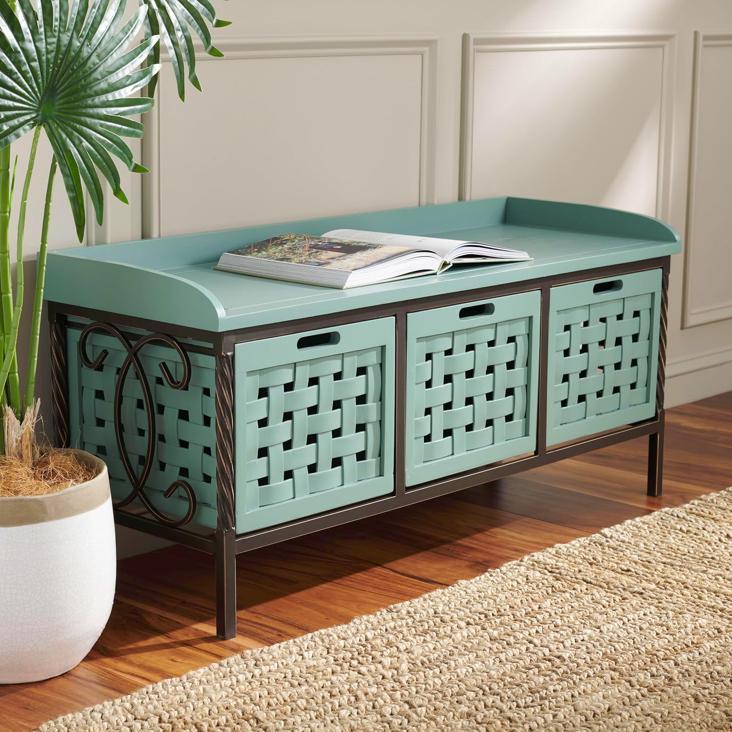 SAFAVIEH Home Collection – Isaac Dusty Green Wooden Storage Bench with Drawers, Entryway & Mudroom Seating, Iron Frame Design, Fully Assembled (AMH6530B)