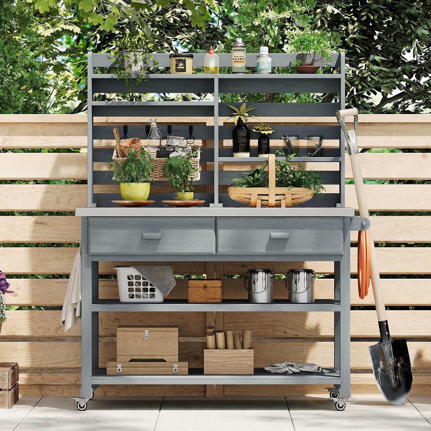 64.9'H Outdoor Potting Bench Table, Outdoor Wood Workstation Table with Lockable Wheels, Stainless Steel Top, Towel Rack, Solid Wood Outdoor Kitchen Island with Upper Hutch for Grilling, Lawn Garden