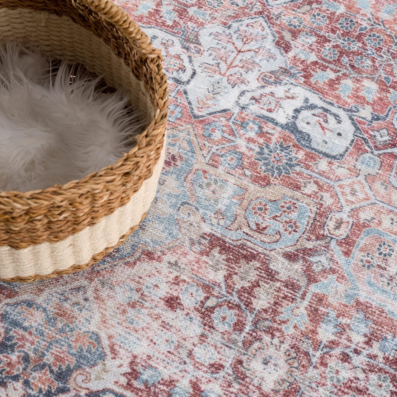 Bloom Rugs Caria Washable Non-Slip 6x9 Rug - Brick/Dark Blue Traditional Area Rug for Living Room, Bedroom, Dining Room, and Kitchen - Exact Size: 6' x 9'