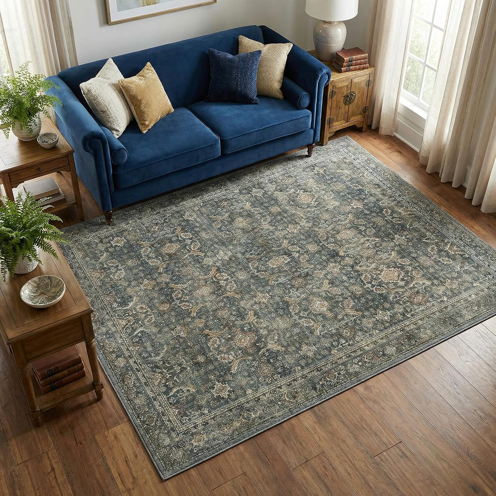 BESBLEE 9X12 Area Rugs Machine Washable Rugs for Living Room, Vintage Boho Large Rugs for Bedroom Dining Room, Non Slip Indoor Soft Distressed Lightweight Thin Low Pile Carpet, Deep