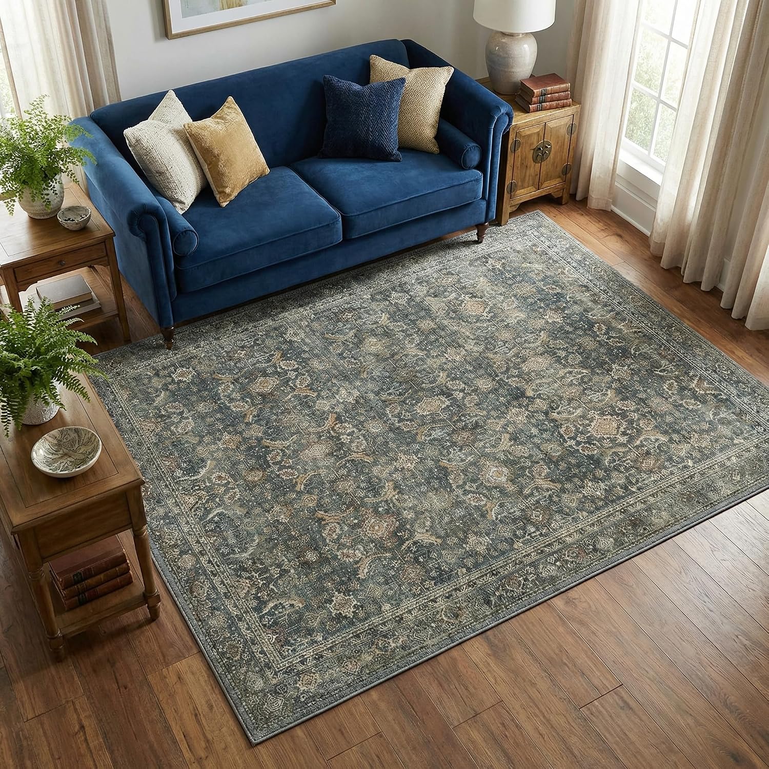 BESBLEE 9X12 Area Rugs Machine Washable Rugs for Living Room, Vintage Boho Large Rugs for Bedroom Dining Room, Non Slip Indoor Soft Distressed Lightweight Thin Low Pile Carpet, Deep