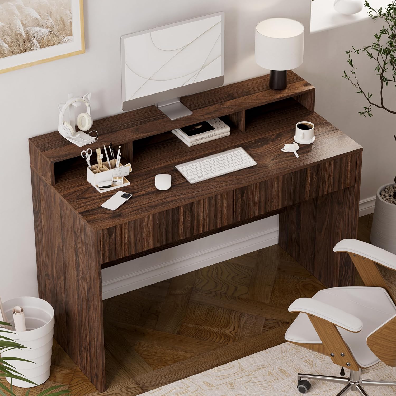 47' Executive Desk with Fluted Drawer, Modern Home Office Desk with Long Monitor Stand and 2 Drawers, Computer Writing Desk for Study Office Vanity, Brown