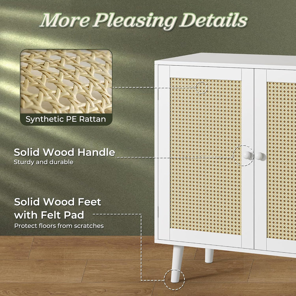 Huuger Buffet Cabinet with Storage, Storage Cabinet with PE Rattan Decor Doors, Solid Wood Feet, for Hallway, Entry, Living Room, White