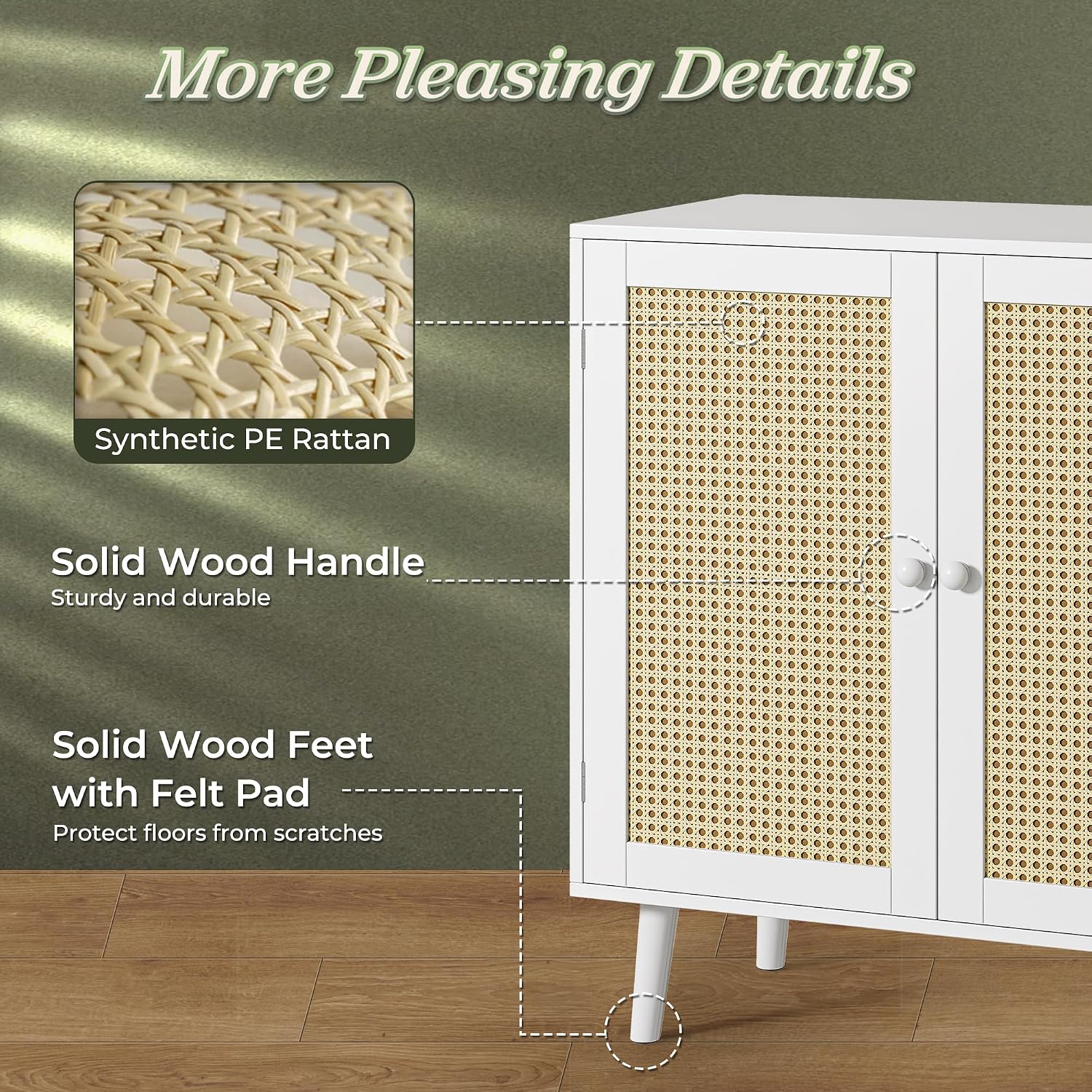 Huuger Buffet Cabinet with Storage, Storage Cabinet with PE Rattan Decor Doors, Solid Wood Feet, for Hallway, Entry, Living Room, White