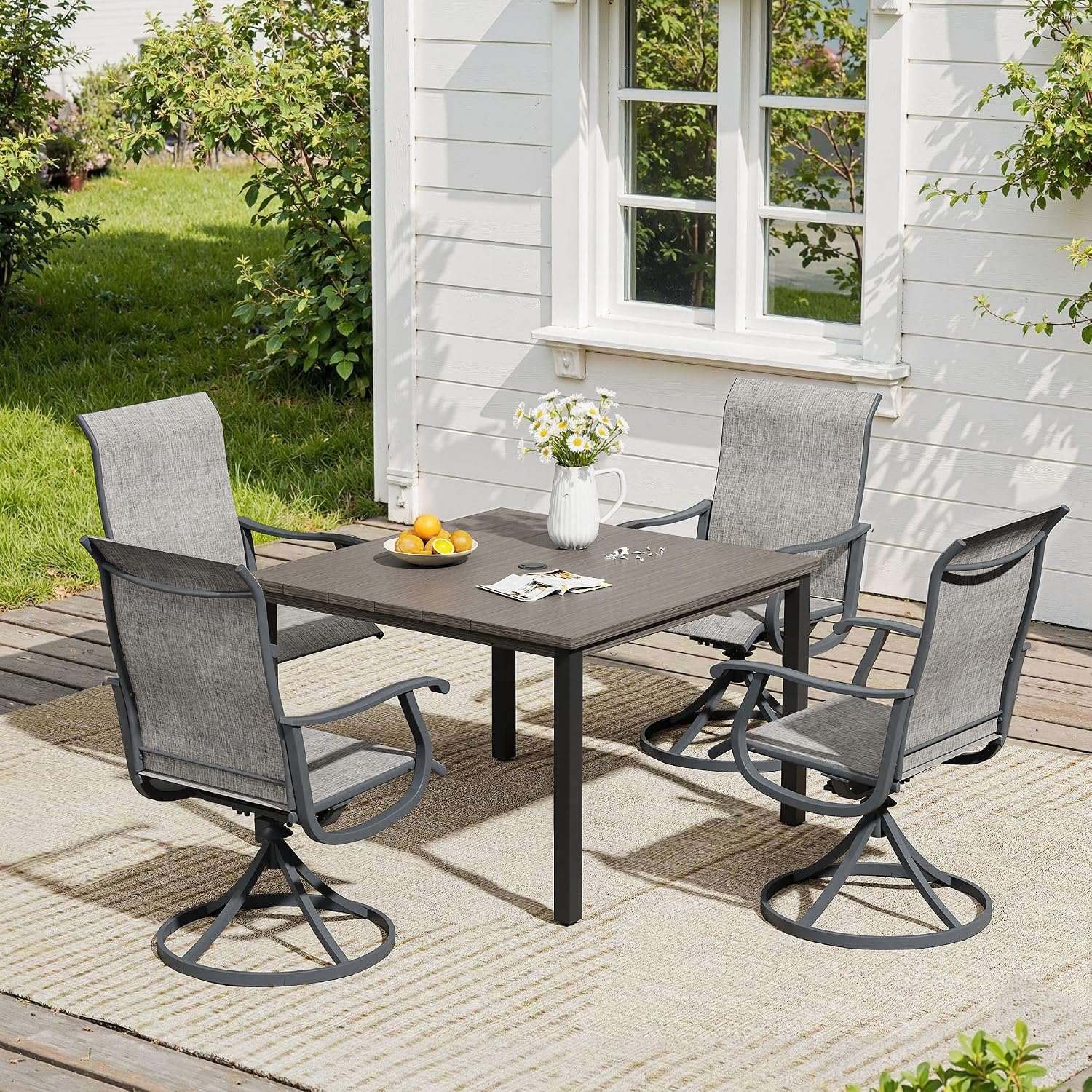 VICLLAX 5 Pieces Patio Dining Set, Patio Furniture Set of 4 Patio Swivel Dining Chairs and Square Patio Table, Grey Chairs & Antique Grey Tabletop