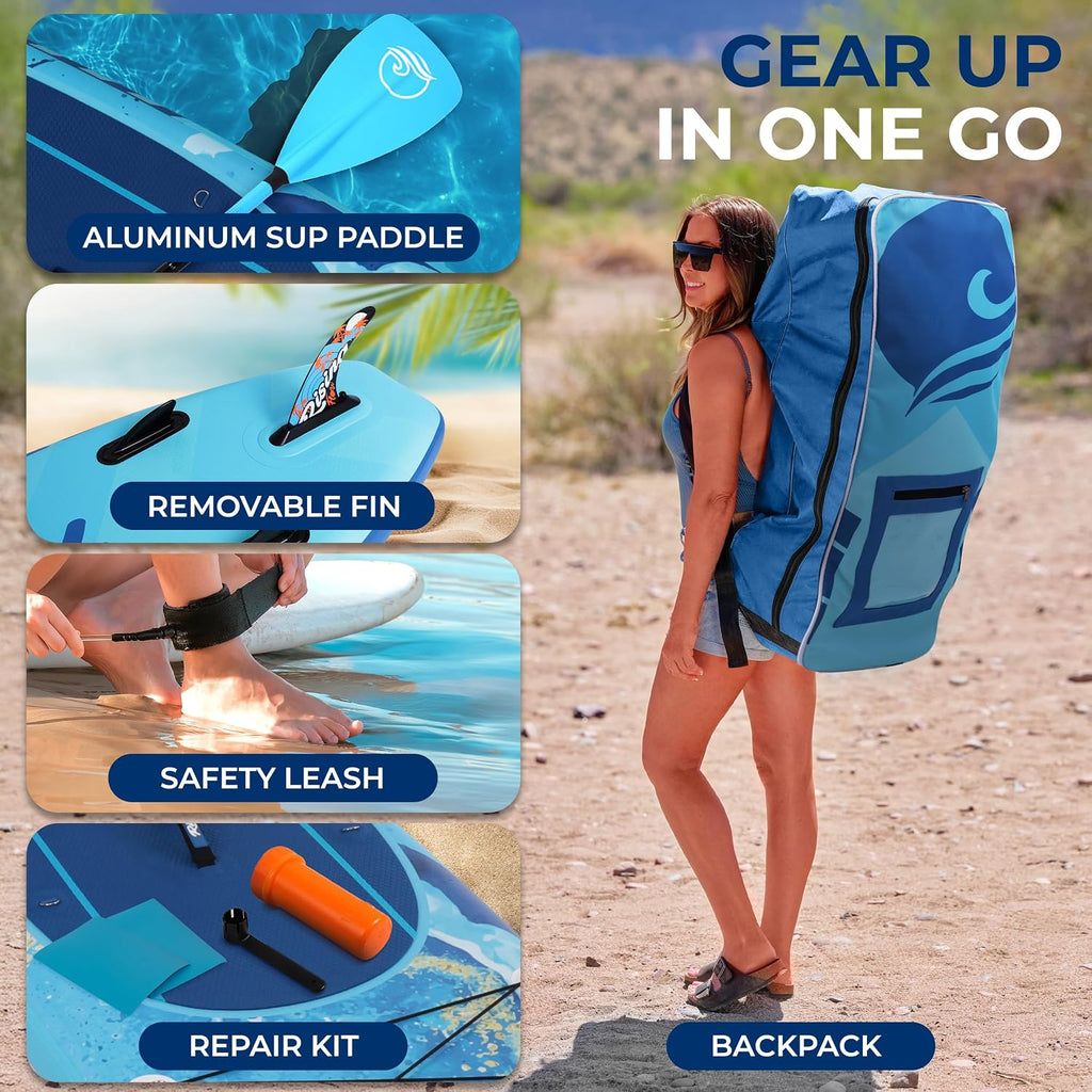 SereneLife Inflatable Stand Up Paddle Board - Wide Stable Design, Non-Slip Deck for Adults & Youth with Premium Paddle Board Accessories: Carry Bag, Dual Action Pump, Paddle, Ankle Leash - 10'6'