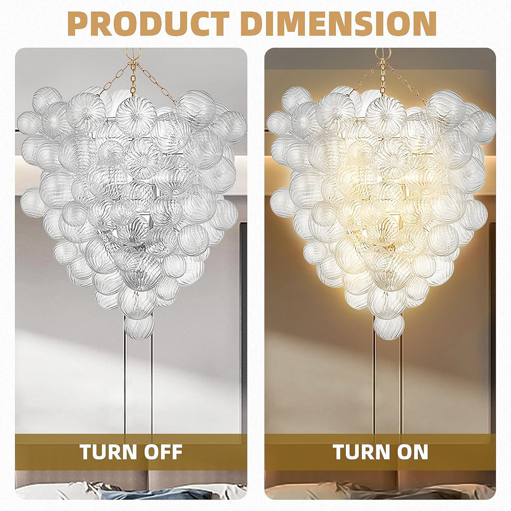 Longree Mid Century Bubble Ball Swirled Glass Chandelier, 36 * 44 in. 2-Tier Frame Gild Gold and Clear Blown Glass Large Cluster Bbble Pendant Light Fixture for Bedroom Restaurant Dining Room