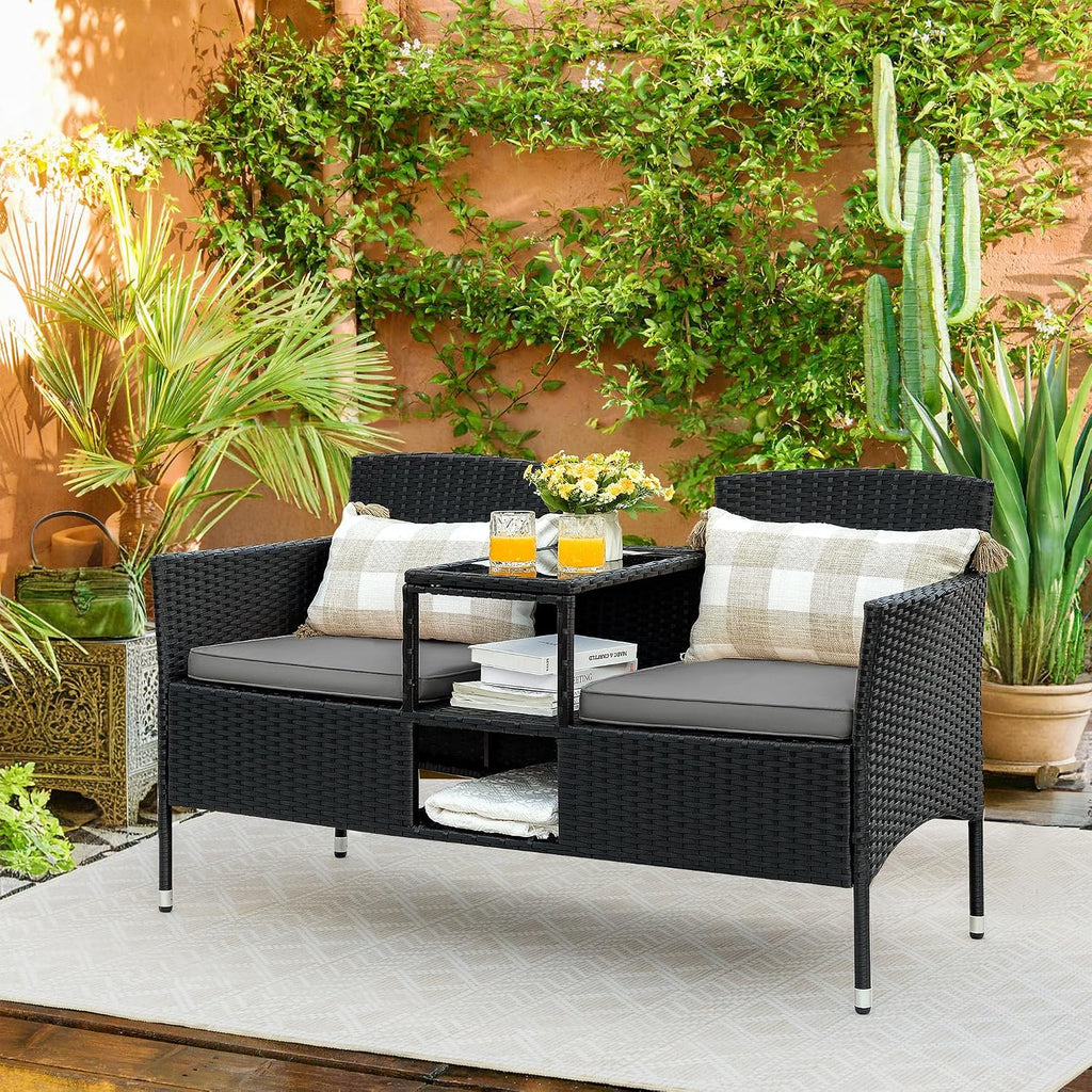 Flamaker Outdoor Furniture Patio Loveseat Wicker 2-Seat with Built-in Table and Cushions Rattan Porch Chairs Bench for Balcony, Lawn, Backyard (Grey)