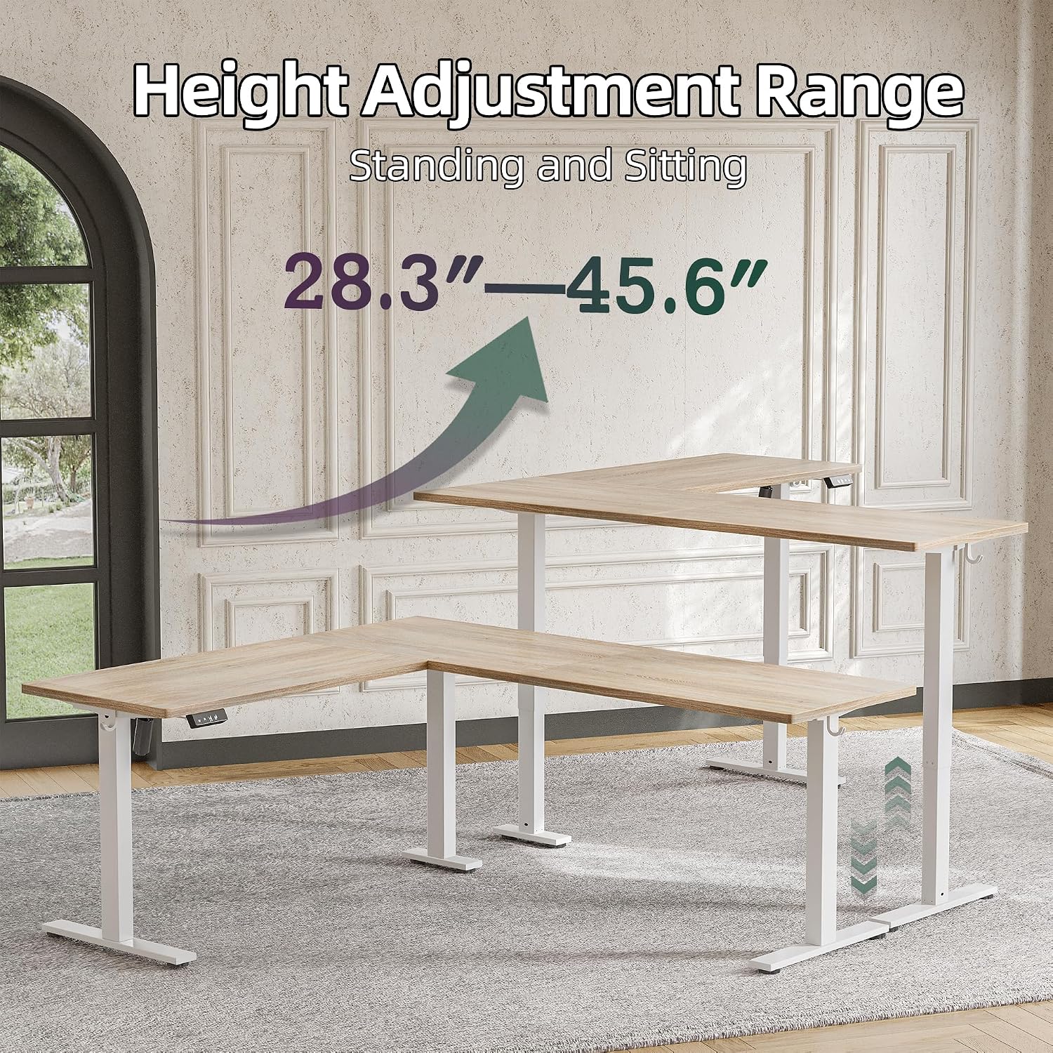 TIQLAB 75 x 61 inch Executive L Shaped Standing Desk Adjustable Height, Electric Corner Standing Desk, Sit Stand Computer Table with Splice Board, Maple