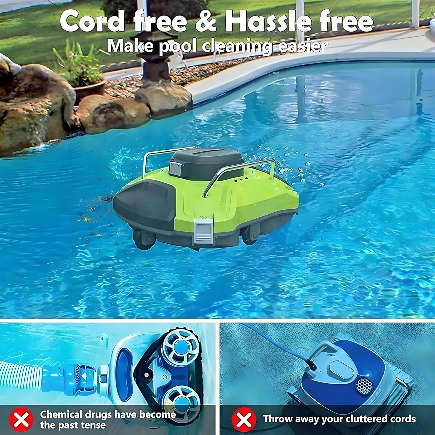 Pool Automatic Vacuum Cleaner, Cordless Robotic Pool Vacuum Cleaner, Automatic Pool Robot Cleaner Filter, Automatic Return, with Hook, 180 Min Battery Life, for Out Indoor Pool
