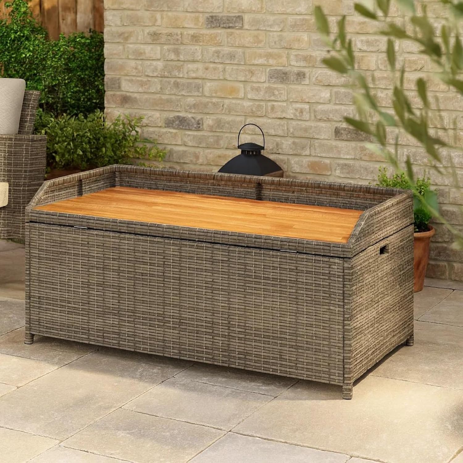 Foto Outdoor Bench, 39 Inch, Gray Wicker Rattan, Under Seat Storage
