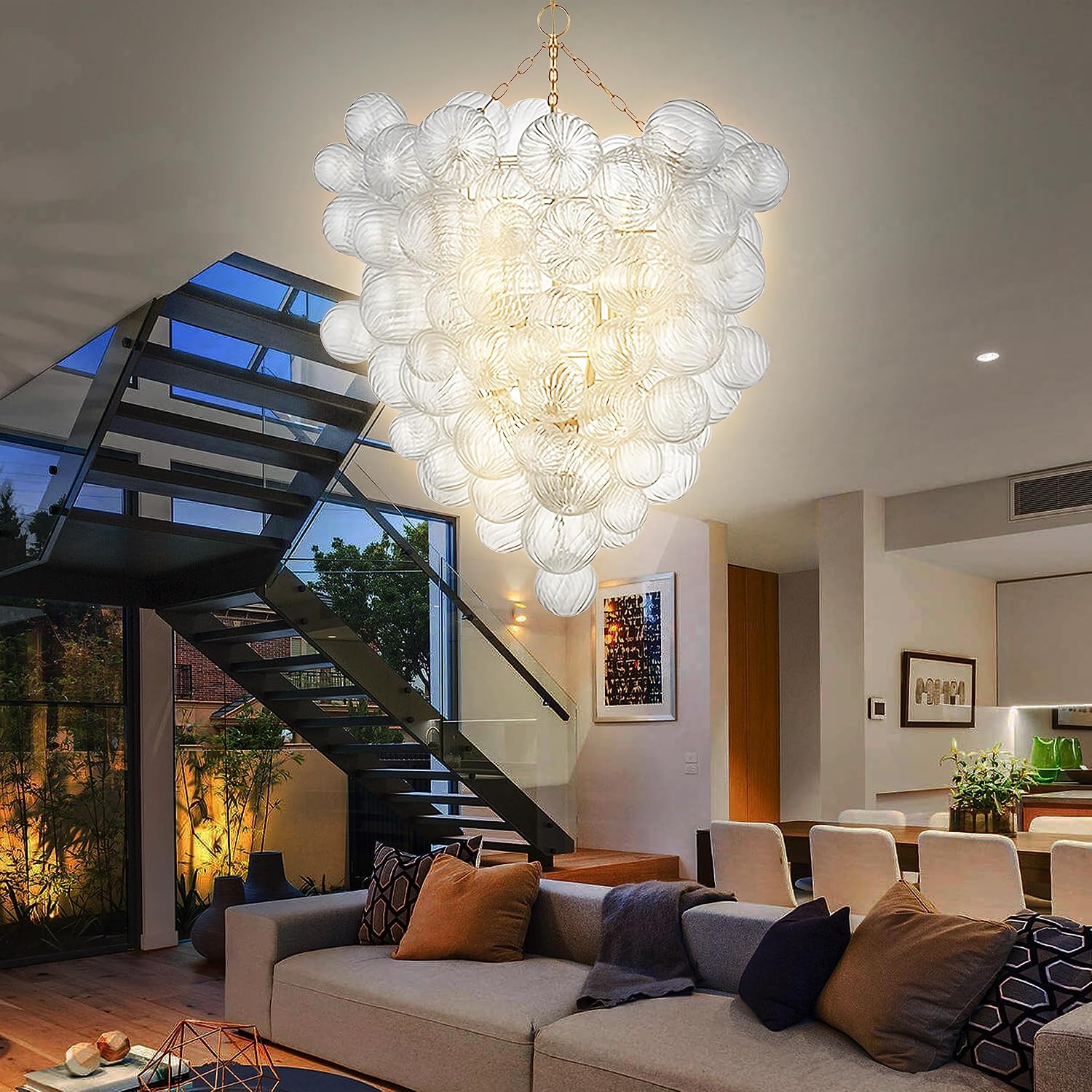 Longree Mid Century Bubble Ball Swirled Glass Chandelier, 36 * 44 in. 2-Tier Frame Gild Gold and Clear Blown Glass Large Cluster Bbble Pendant Light Fixture for Bedroom Restaurant Dining Room