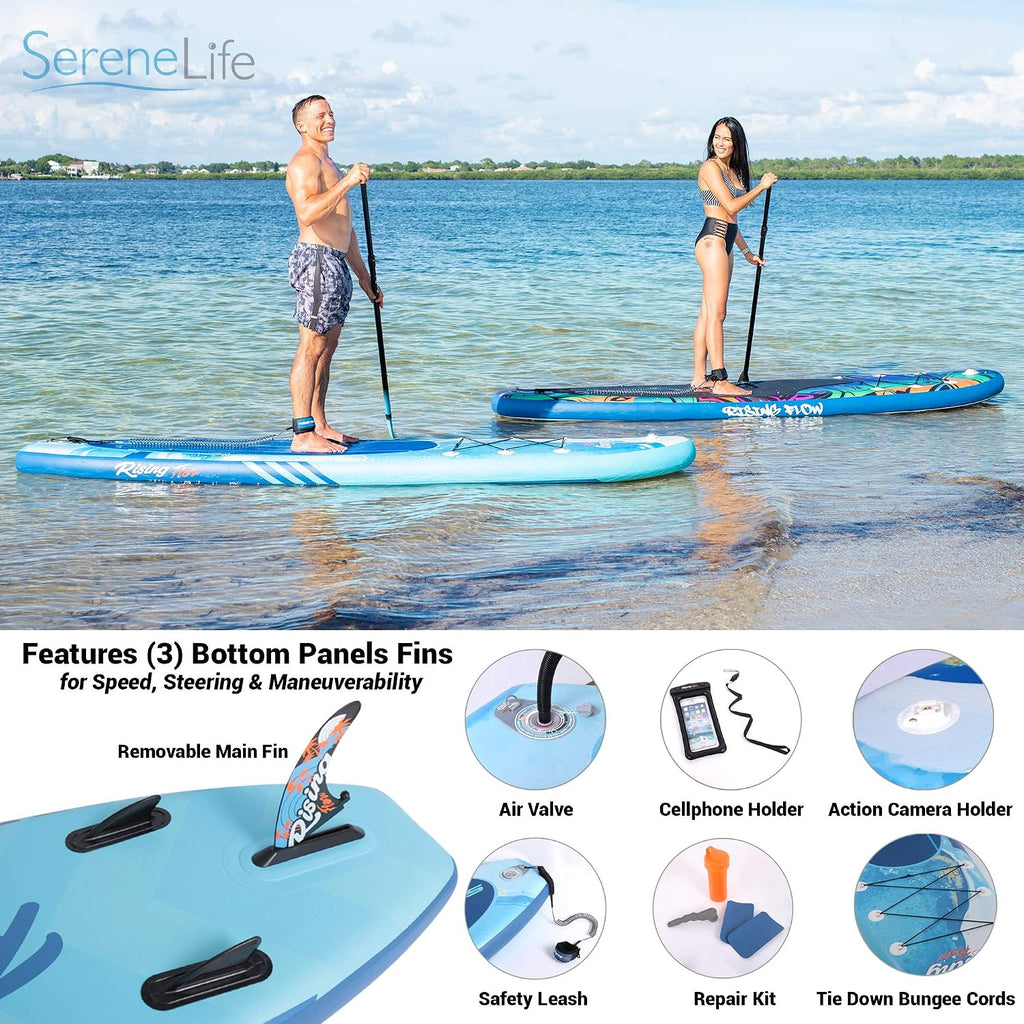 SereneLife Inflatable Stand Up Paddle Board - Wide Stable Design, Non-Slip Deck for Adults & Youth with Premium Paddle Board Accessories: Carry Bag, Dual Action Pump, Paddle, Ankle Leash - 10'6'