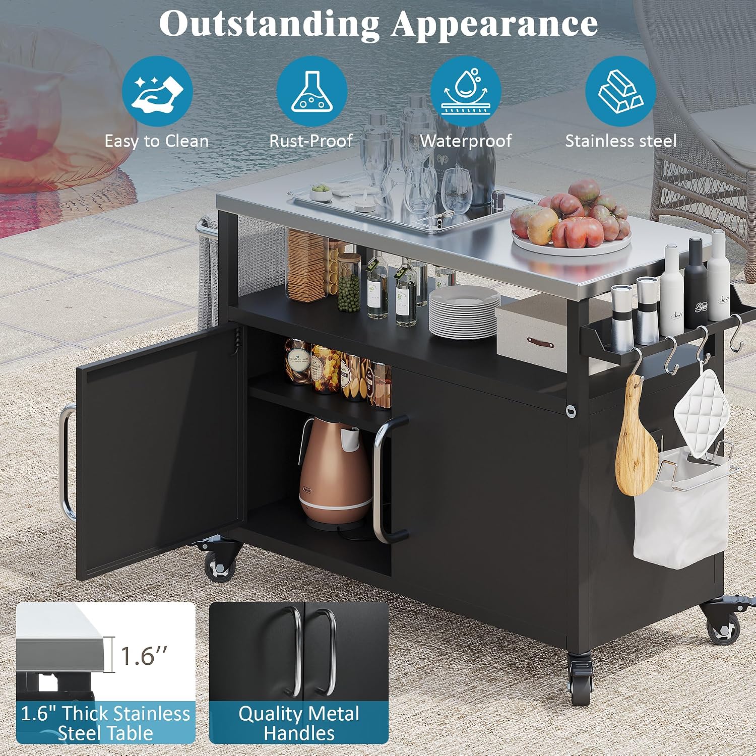 Merax 54.5' Outdoor Kitchen Island with Stainless Steel Tabletop, Metal Grill Cart Table with Storage Cabinet, Spice Rack and Towel Rack, Outdoor Bar Cart with 4 Lockable Wheels for BBQ, Black