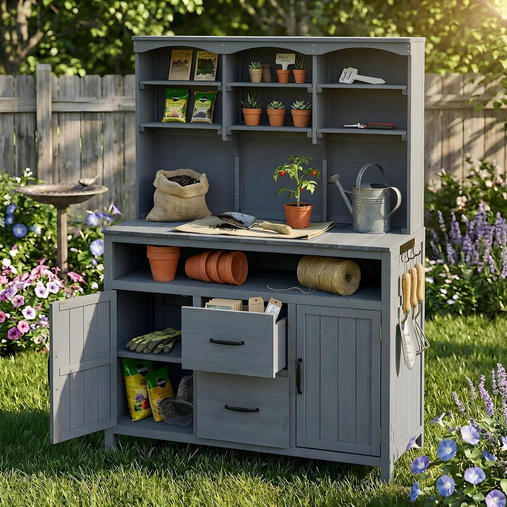 Large Fir Wood Potting Bench, 45.3''L Multi-Functional Outdoor Patio Kitchen Island with Hutch,Drawers & Hooks,Large Countertop for Gardening, Grill (Gray-1)