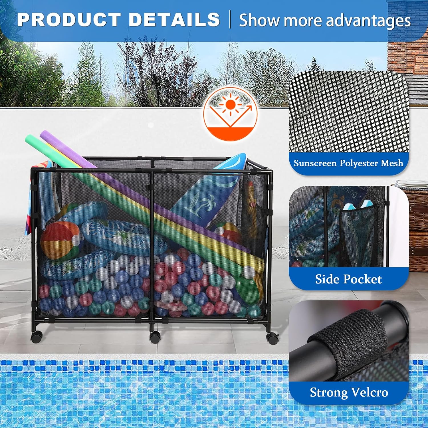 152Gal pool toy storage, outdoor toy pool storage Use,pool float storage for Holds Floats, Swim Rings & More, 360° Wheels & Sunproof Mesh, Metal Frame(M)