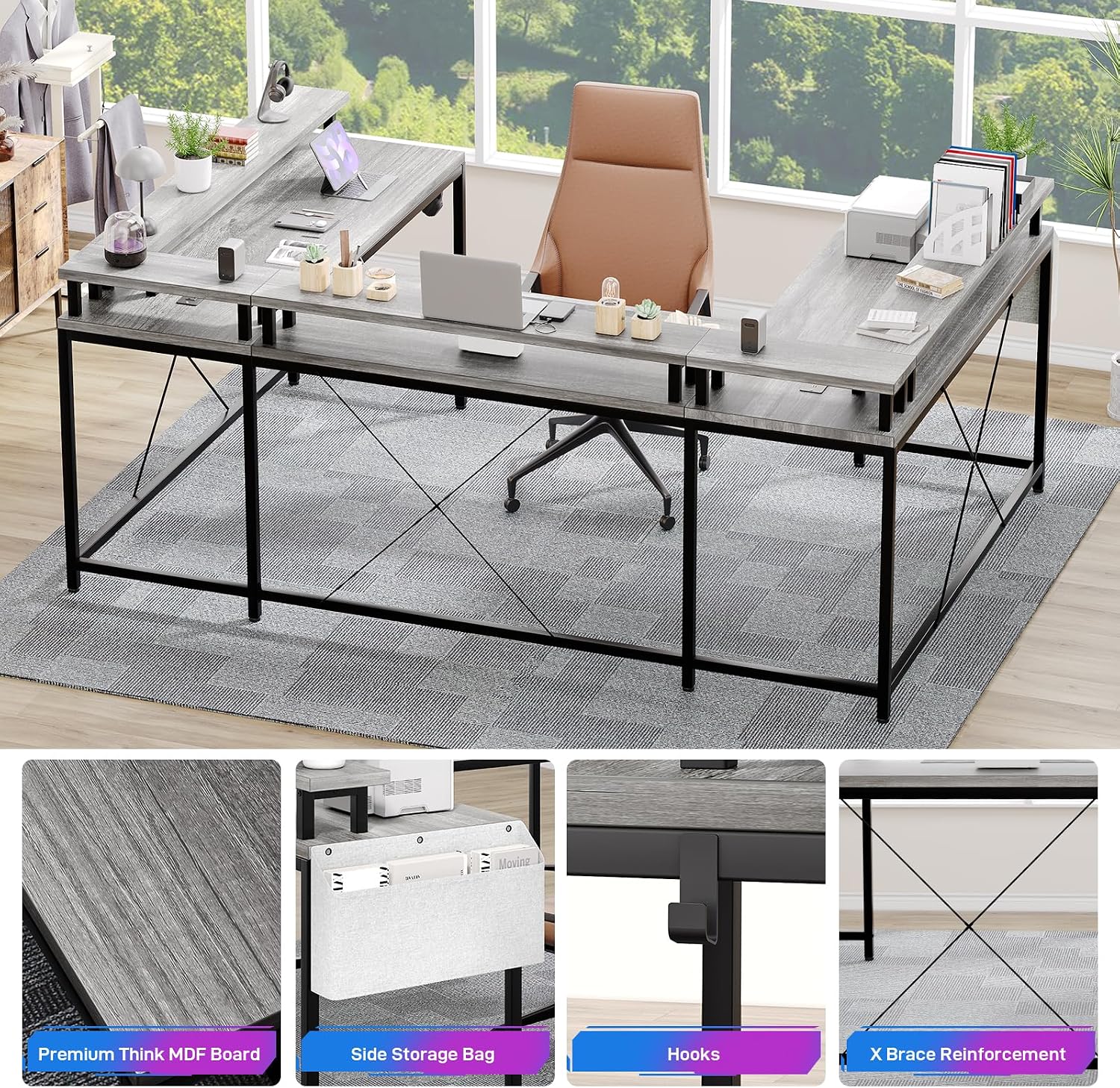u Shaped Desk with Power Outlets & LED Lights, 79' Extra Large Reversible Corner Office Desk, Monitor Stand & Storage Shelves, Corner Computer Table Office Table with Full Monitor Stand