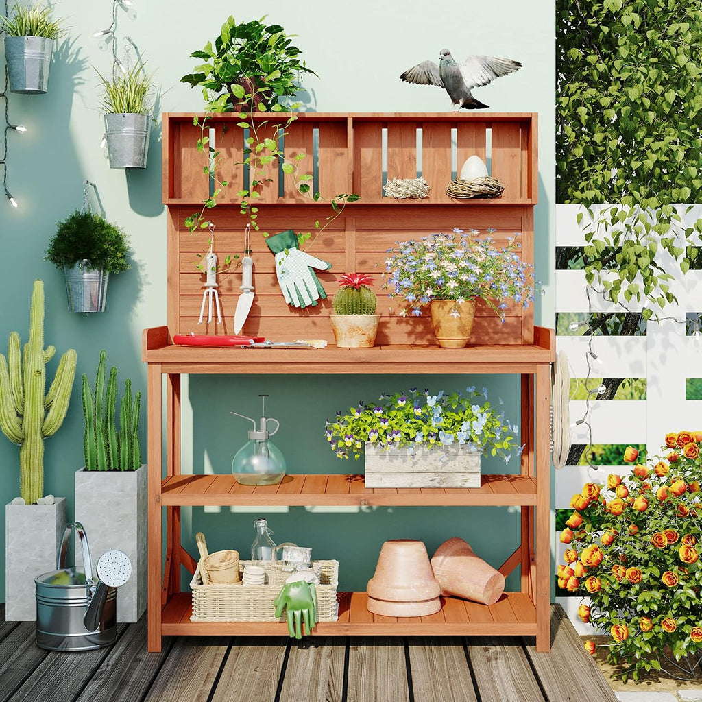Outdoor Potting Bench Table with Storage Shelves, Farmhouse Wood Garden Wook Station Table with Side Hooks,Potting Tables for Outside, Patio, Backyard, Easy Assembly, Natural