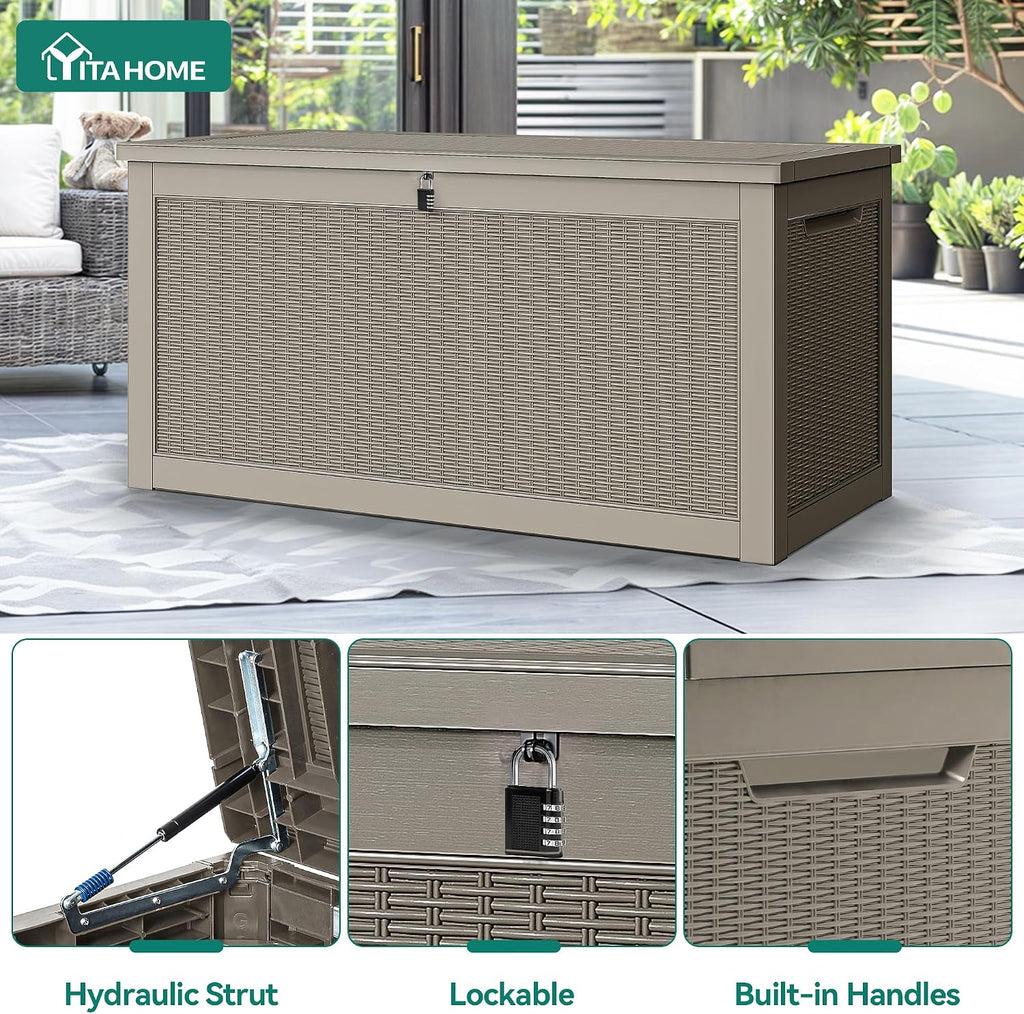 YITAHOME 320 Gallon Outdoor Storage Box, Large Water Resistant Resin Deck Box, Indoor Outdoor Lockable Storage Container for Patio, Garden, Cushions, Tools, Equipment(Brown)