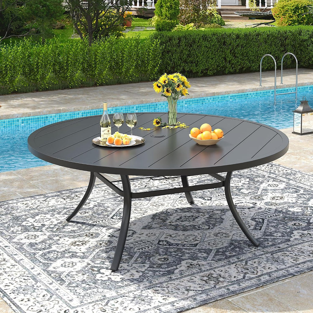VICLLAX 60' Outdoor Round Patio Dining Table for 8-10, All Weather Metal Dining Table with Umbrella Hole for Deck Lawn Garden Backyard, Black