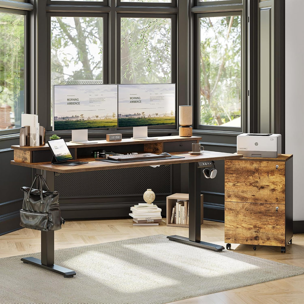 TIQLAB Standing Desk with Two Drawers, Stand Up Standing Desk Adjustable Height, Electric Sit Stand Table with Storage Shelf and Splice Board, 63 * 24 inch, Rustic Brown