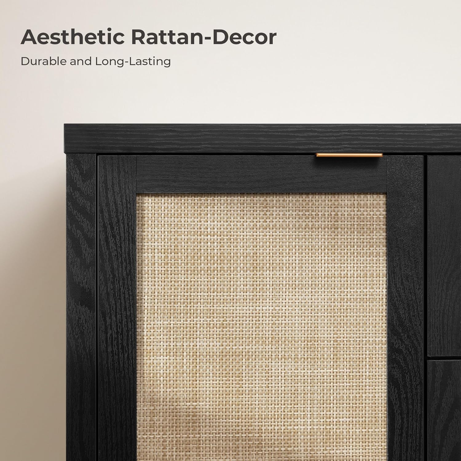 SICOTAS Rattan Large Sideboard Buffet Cabinet with Storage - Farmhouse Boho Coffee Bar Storage Cabinet with 3 Drawers and 2 Doors, Tall Credenza for Living Room, Kitchen, Hallway, Black Oak (2 Pieces)