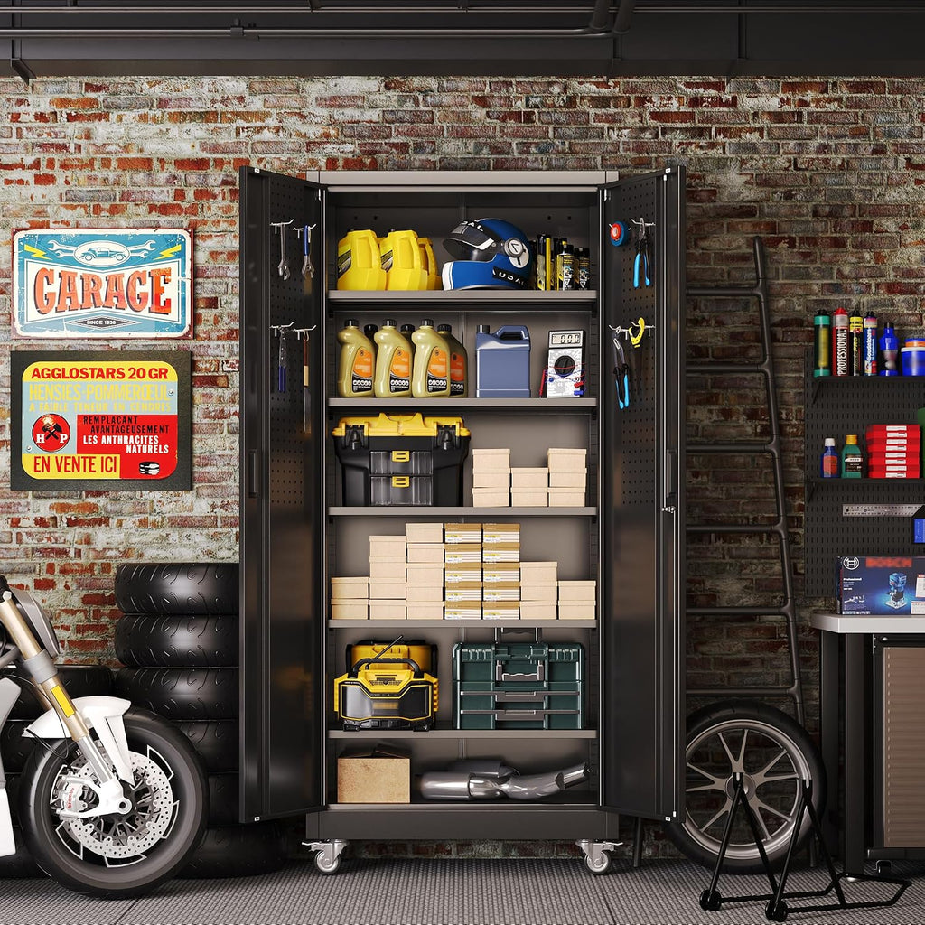 Reemoon 71' H Garage Storage Cabinets with 5 Adjustable Shelves and Door Pegboard,Metal Storage Cabinets with Wheels for Garage Home,Required Assembly,Black