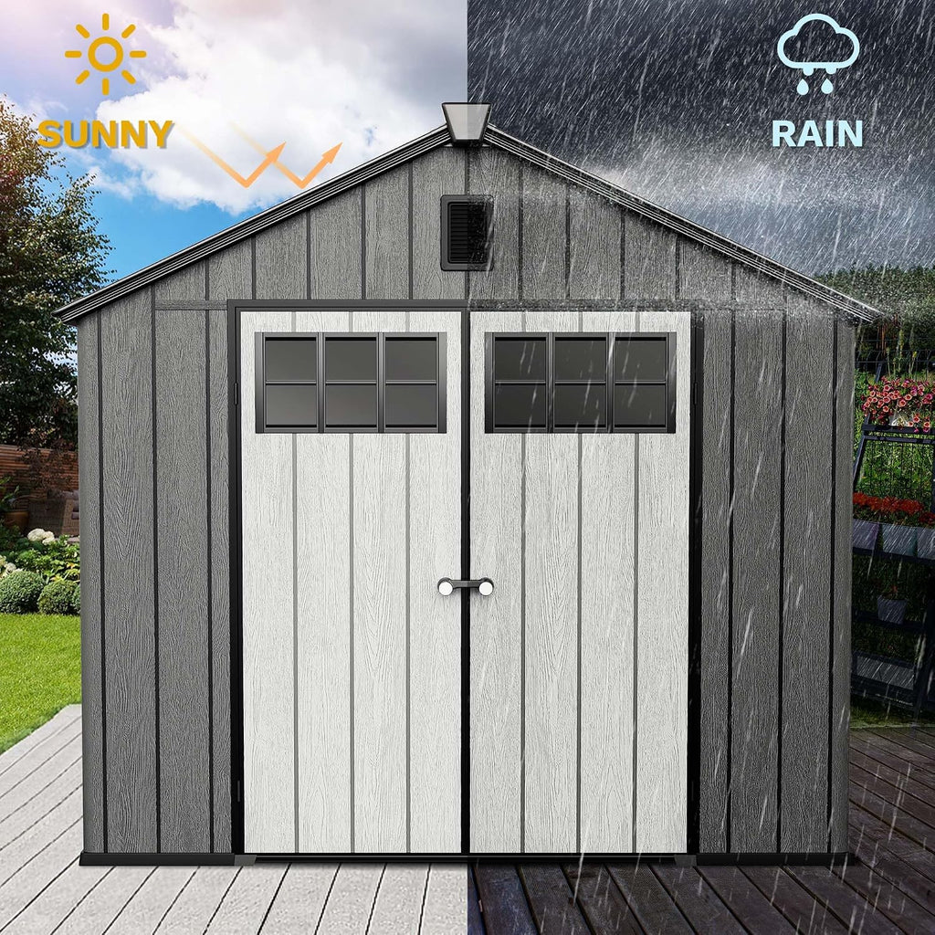 DWVO 8x10 FT Outdoor Storage Shed, 544 cuft Plastic Storage Shed with Floor & Lockable Door, All-Weather Tool Garden Shed with Window & Vent for Patio Furniture, Lawn Mower, Bike, Pool Supplies, Gray