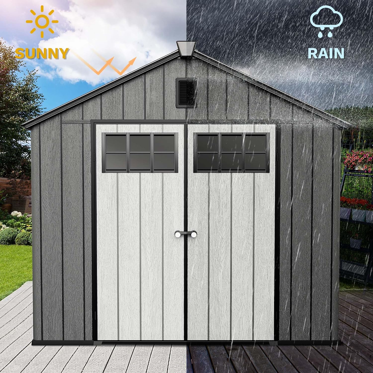 DWVO 8x10 FT Outdoor Storage Shed, 544 cuft Plastic Storage Shed with Floor & Lockable Door, All-Weather Tool Garden Shed with Window & Vent for Patio Furniture, Lawn Mower, Bike, Pool Supplies, Gray