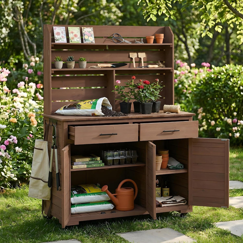 Multifunctional 3-in-1 Potting Bench Workstation with Storage & Wheels | Sturdy Fir Wood | Outdoor Garden, Patio, BBQ Prep Station (Brown-W)