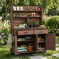 Multifunctional 3-in-1 Potting Bench Workstation with Storage & Wheels | Sturdy Fir Wood | Outdoor Garden, Patio, BBQ Prep Station (Brown-W)