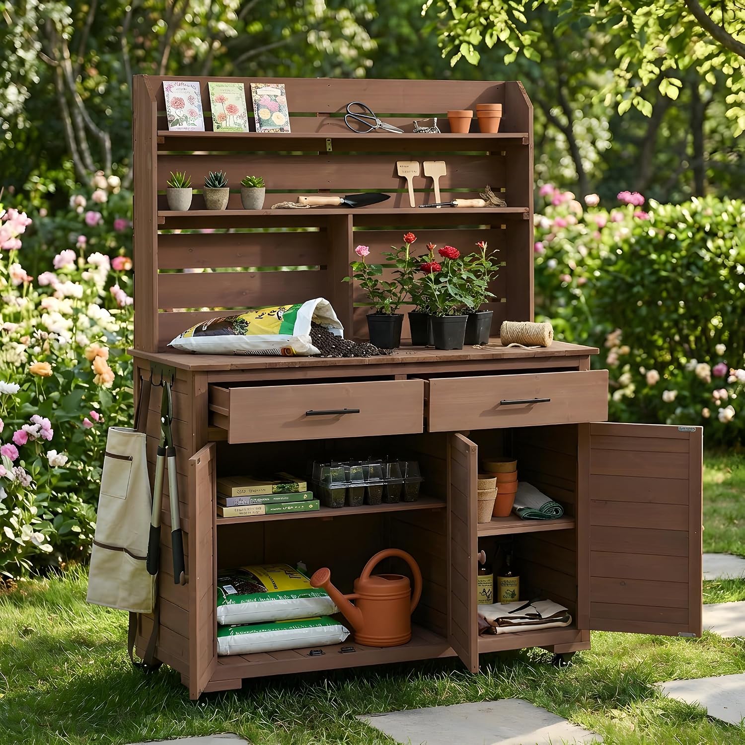 Multifunctional 3-in-1 Potting Bench Workstation with Storage & Wheels | Sturdy Fir Wood | Outdoor Garden, Patio, BBQ Prep Station (Brown-W)
