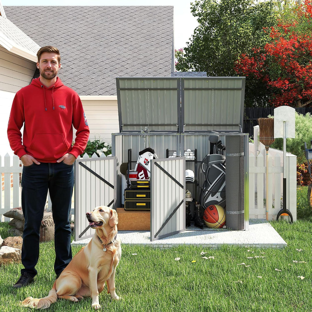 YOPTO Outdoor Storage Shed Metal Trash Can Storage,54 Cu.Ft Garbage Can Storage Shed W/Lid Chain,Hydraulic Mechanism & Pneumatic Spring Support Rods,for 2 Trash Bins,Bike,Garden Tools,Light Gray