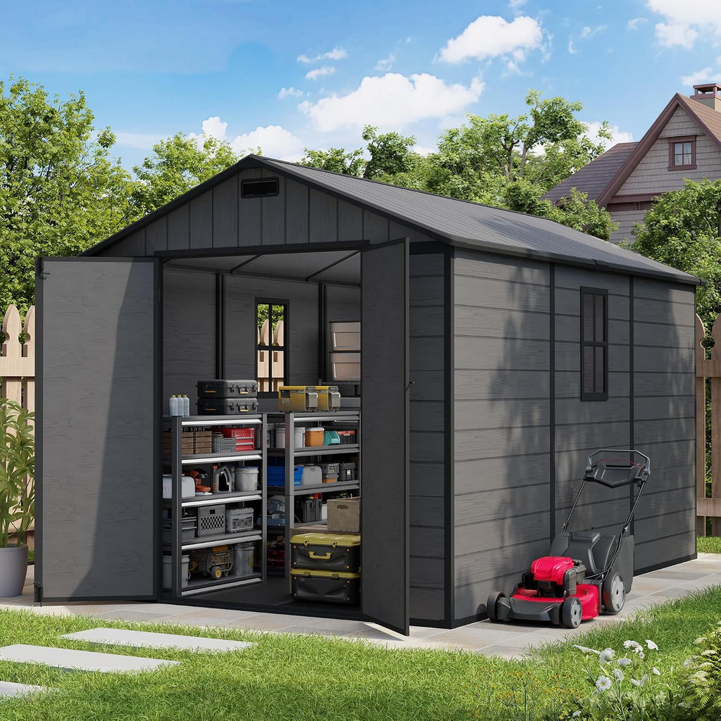 Amopatio 8X12 FT Resin Storage Shed with Floor Included, Plastic Outdoor Shed with Lockable Door, Window & Vents, for Lawnmower, Garden Tools, Pool Supplies, Dark Grey