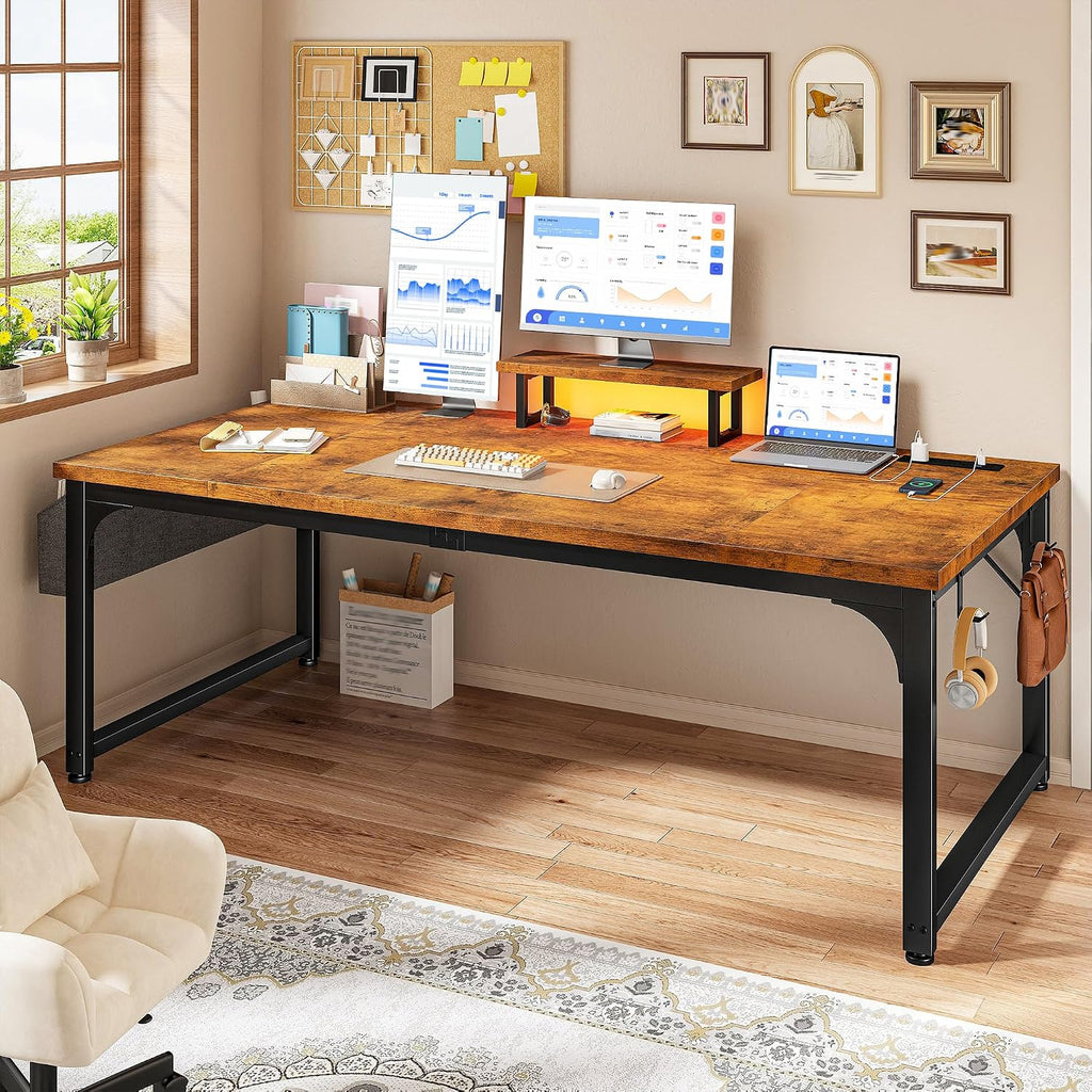 DurayLoly 47 Inch Small Computer Desk with Power Outlets & LED Lights, Storage Bag & Headphone Hook, Space-Saving Office Desk for Home Office or Study, Sturdy Writing Table for Professionals, Brown