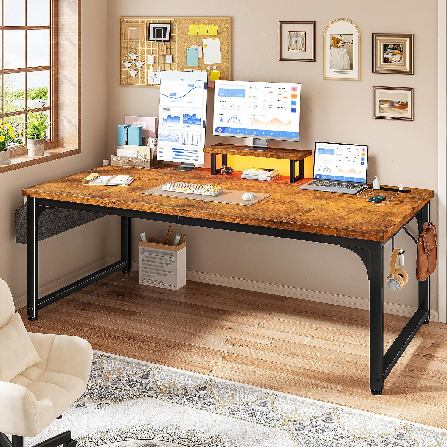 DurayLoly 47 Inch Small Computer Desk with Power Outlets & LED Lights, Storage Bag & Headphone Hook, Space-Saving Office Desk for Home Office or Study, Sturdy Writing Table for Professionals, Brown