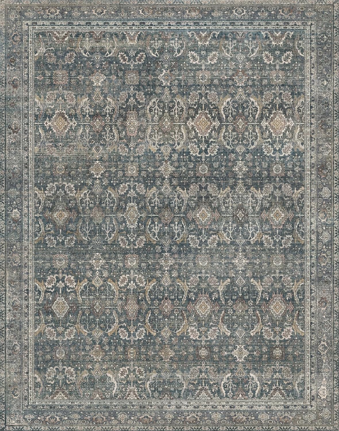 BESBLEE 10X14 Area Rugs Machine Washable Rugs for Living Room, Vintage Boho Large Rugs for Bedroom Dining Room, Non Slip Indoor Soft Distressed Lightweight Thin Low Pile Carpet, Deep