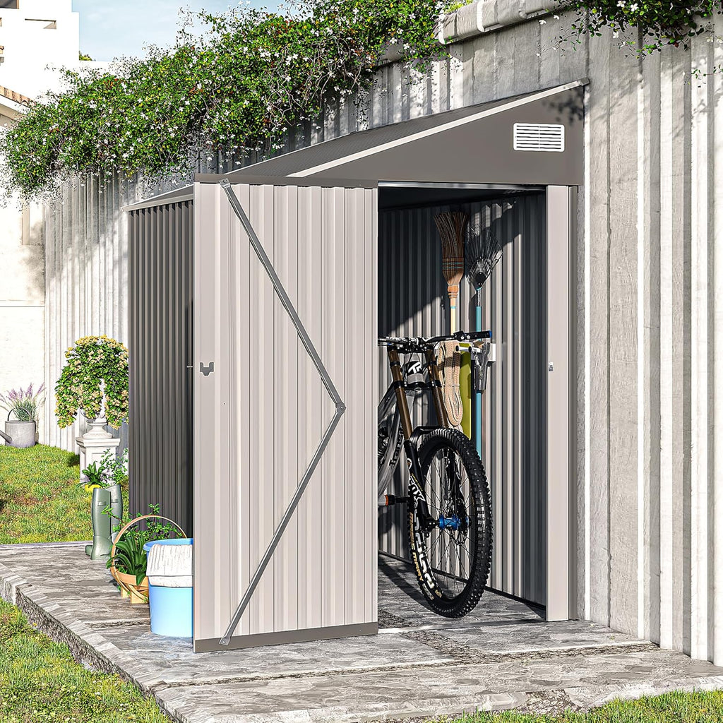YOPTO 4×8 FT Outdoor Metal Storage Shed,Heavy-Duty Lean to Storage Shed with Lockable Single Side Hinge Door,Waterproof Metal Storage Tool House W/Sloping Roof,Air Vent&Protect Film,for Backyard,Gray