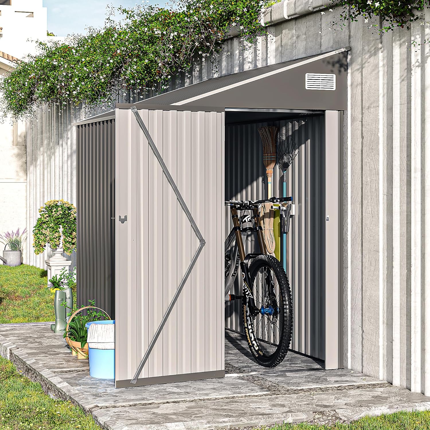 YOPTO 4×8 FT Outdoor Metal Storage Shed,Heavy-Duty Lean to Storage Shed with Lockable Single Side Hinge Door,Waterproof Metal Storage Tool House W/Sloping Roof,Air Vent&Protect Film,for Backyard,Gray
