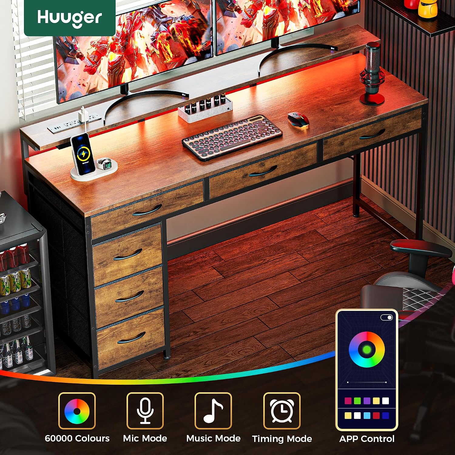 Huuger Gaming Desk with 6 Drawers, Computer Desk with LED Lights Power Outlets and Type-C, 55 Inch Office Desk with Storage, Monitor Stand, Writing Desk Work Desk for Home Office, Study, Rustic Brown