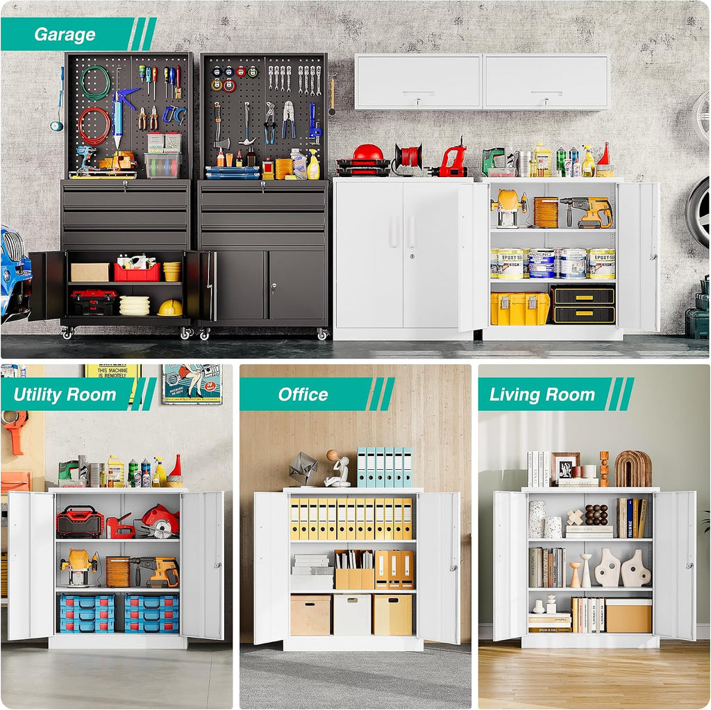 SISESOL White Metal Storage Cabinet with Doors and Shelves,36 inch Small Metal Cabinet with Lock,Short Garage Storage Cabinets,Locking Steel Cupboard for Home,Office,Kitchen,Garages