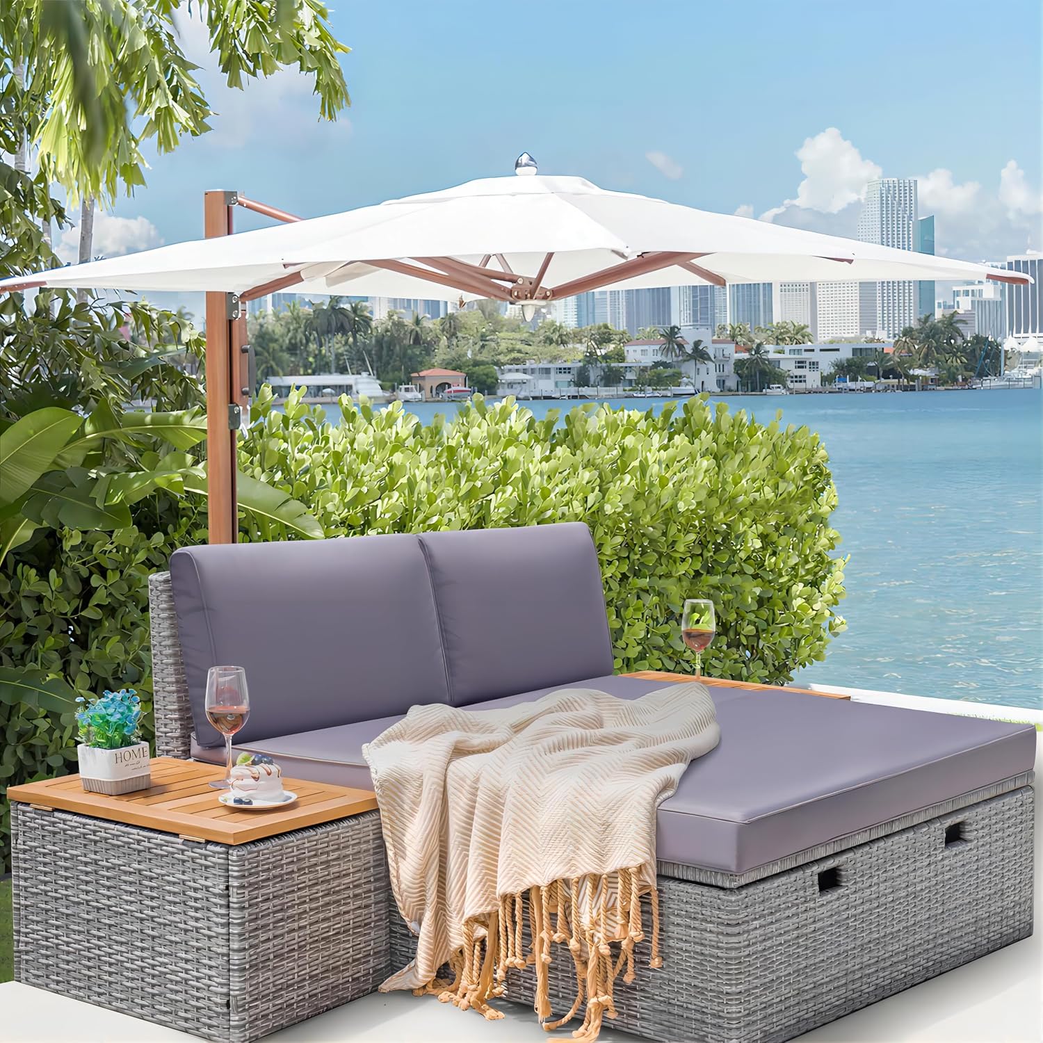 Greesum Outdoor Daybed Set Multifunctional Wicker Lounge Bed Furniture with Two Side Tables, Cushions, Storage Bench for Porch Lawn Patio Beach, OneSize, Gray