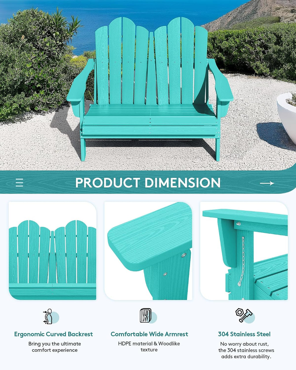 SERWALL Folding Adirondack Bench, HDPE All-Weather Adirondack Loveseat, 660 lbs Capacity, Foldable Outdoor Patio Bench for Deck, Lawn, Garden, Aruba