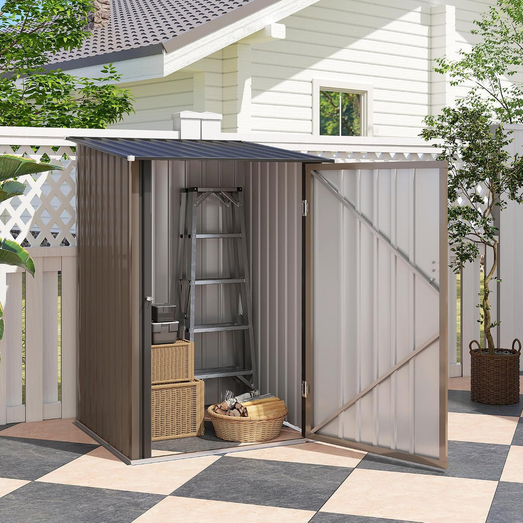 Outsunny 3.3' x 3.4' Outdoor Storage Shed, Metal Garden Tool House with Sloping Roof and Lockable Door for Backyard, Bike, Patio, Garage, Lawn, Brown