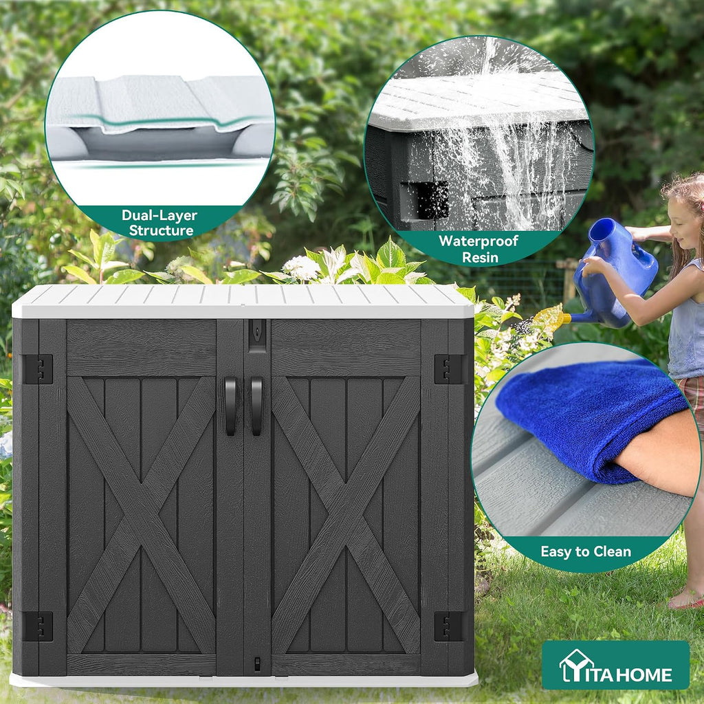 YITAHOME Outdoor Horizontal Storage Shed with X-Shaped Lockable Door, 35 Cu Ft All-Weather Resin Tool Shed w/o Shelf, Ideal for Bike, Trash Cans, Garden Tools, Lawn Mowers, Dark Gray