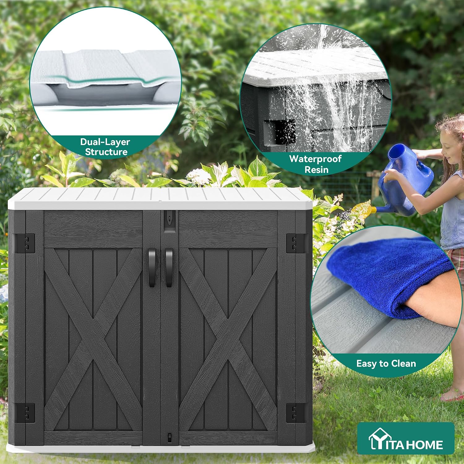 YITAHOME Outdoor Horizontal Storage Shed with X-Shaped Lockable Door, 35 Cu Ft All-Weather Resin Tool Shed w/o Shelf, Ideal for Bike, Trash Cans, Garden Tools, Lawn Mowers, Dark Gray