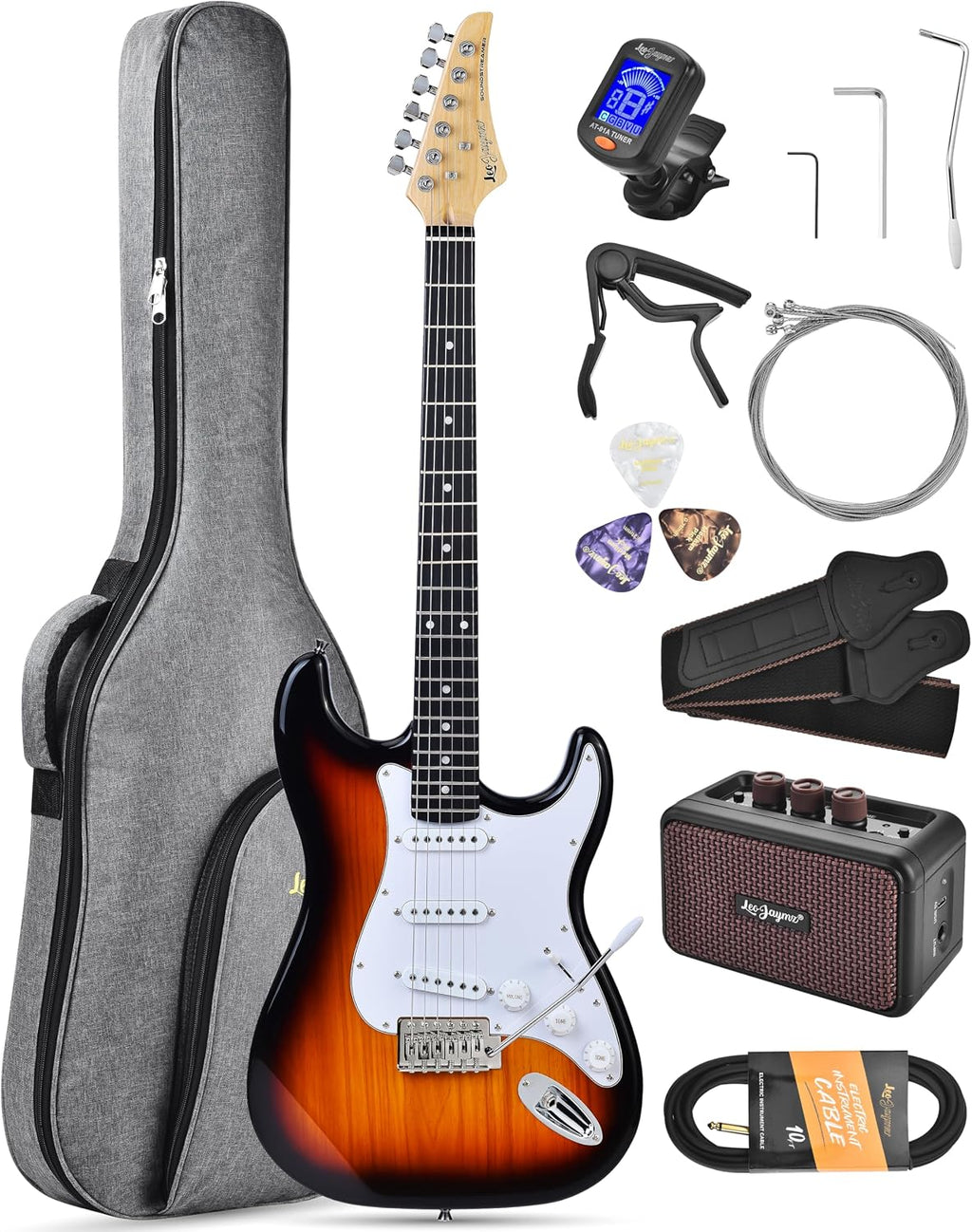 Leo Jaymz Beginner Electric Guitar Complete Kit with Portable Amp, Padded Gig Bag & Full Accessories, Maple Neck SSS Pickups (Sunburst)