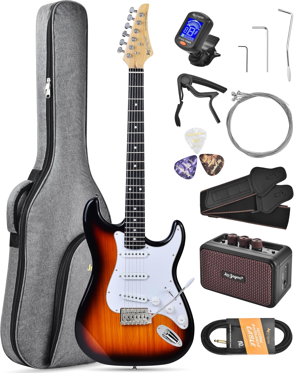 Leo Jaymz Beginner Electric Guitar Complete Kit with Portable Amp, Padded Gig Bag & Full Accessories, Maple Neck SSS Pickups (Sunburst)