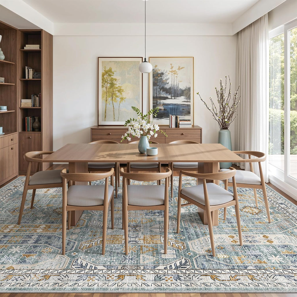 befbee 9x12 Area Rug,Ultra-Thin Washable Rugs for Living Room,Non-Slip Lightweight Foldable Area Rug,Stain Resistant Vintage Large Rugs (Blue/Gold,9'x12')